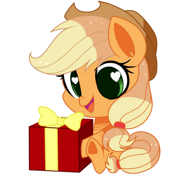 Size: 1000x1000 | Tagged: safe, artist:faryawolf, artist:hikariviny, derpibooru import, applejack, chibi, cowboy hat, cute, hat, heart eyes, jackabetes, open mouth, present, simple background, sitting, smiling, solo, stetson, transparent background, underhoof, wingding eyes