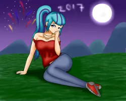 Size: 2500x2000 | Tagged: suggestive, artist:focusb, derpibooru import, sonata dusk, equestria girls, rainbow rocks, 2017, bedroom eyes, fanart, fireworks, full moon, happy new year 2017, looking at you, moon, solo, sultry pose