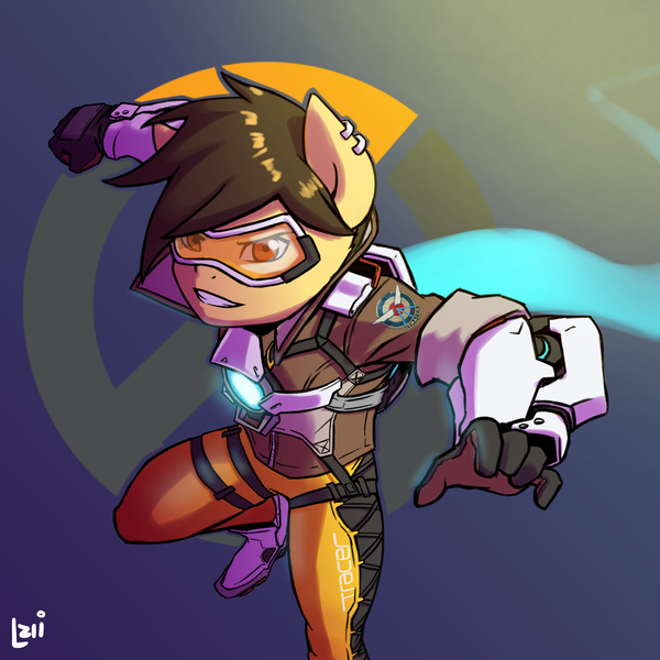 Size: 2000x2000 | Tagged: anthro, artist:elzielai, derpibooru import, overwatch, ponified, safe, solo, tracer