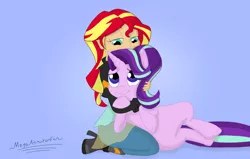 Size: 3750x2379 | Tagged: safe, artist:megaanimationfan, derpibooru import, starlight glimmer, sunset shimmer, equestria girls, duo, gradient background, hug, human and pony, kneeling, lidded eyes, looking at each other, signature, smiling