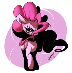 Size: 1280x1293 | Tagged: safe, artist:sourspot, derpibooru import, pinkie pie, angry, cross-popping veins, glare, grin, hair over one eye, hotblooded pinkie pie, lidded eyes, looking at you, raised hoof, simple background, smiling, smirk, solo, white background