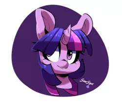 Size: 1280x1084 | Tagged: safe, artist:sourspot, derpibooru import, twilight sparkle, bust, cute, grin, hair over one eye, looking away, portrait, signature, simple background, smiling, solo, white background