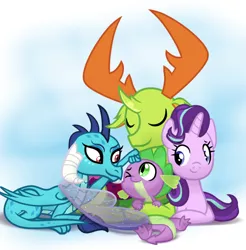 Size: 930x946 | Tagged: safe, artist:changeling #209458, derpibooru import, princess ember, spike, starlight glimmer, thorax, changedling, changeling, dragon, pony, unicorn, to where and back again, baby, baby dragon, claws, cuddling, cute, emberbetes, eyes closed, feet, female, folded wings, glimmerbetes, hilarious in hindsight, hug, king thorax, looking at each other, male, mare, noogie, one eye closed, one eye open, paws, prone, simple background, smiling, snuggling, spikabetes, spike appreciation day, spikelove, tail hug, tail wrap, thorabetes, transparent wings, wings