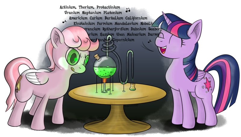 Size: 3832x2181 | Tagged: safe, artist:underwoodart, derpibooru import, twilight sparkle, twilight sparkle (alicorn), oc, alicorn, pegasus, pony, asapscience, bunsen burner, chemistry, condenser, distillation, eyes closed, flask, glass tube, periodic table, schlenk flask, science, singing, table