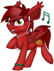 Size: 3332x4404 | Tagged: safe, artist:partylikeanartist, derpibooru import, oc, oc:tune twister, unofficial characters only, bat pony, pony, absurd resolution, bat pony oc, bracelet, commission, cute, earbuds, fangs, jewelry, kandi, looking at you, music notes, open mouth, raised hoof, simple background, smiling, solo, transparent background