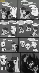 Size: 2000x3707 | Tagged: artist:nimaru, carrot, comic, comic:like a landslide, crying, derpibooru import, flower, flower in hair, food, monochrome, neo noir, oc, oc:iron strike, oc:landslide, oc:luau, partial color, safe, sleeping, unofficial characters only