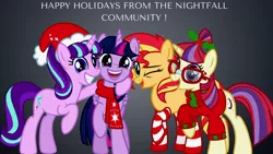 Size: 1024x576 | Tagged: safe, artist:nightfallmelody, derpibooru import, moondancer, starlight glimmer, sunset shimmer, twilight sparkle, twilight sparkle (alicorn), alicorn, pony, christmas sweater, clothes, counterparts, grin, happy holidays, hat, holly, looking at you, one eye closed, open mouth, raised hoof, santa hat, scarf, smiling, socks, striped socks, sweater, twilight's counterparts, wink