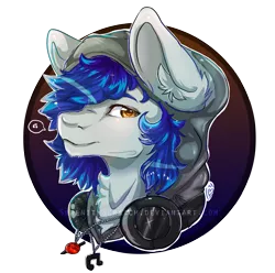 Size: 1293x1281 | Tagged: safe, artist:serenity, derpibooru import, oc, oc:scratche aux, unofficial characters only, pony, clothes, cutie, fluffy, headphones, hoodie, jewelry, male, music, necklace, qt 3.14, solo, speech bubble, stallion