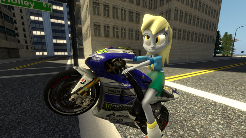 Size: 1280x720 | Tagged: safe, artist:fikran0582, artist:laptosic, derpibooru import, derpy hooves, equestria girls, 3d, motorcycle, source filmmaker, yamaha