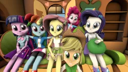 Size: 1280x720 | Tagged: safe, artist:fikran0582, artist:laptosic, derpibooru import, applejack, fluttershy, pinkie pie, rainbow dash, rarity, twilight sparkle, equestria girls, 3d, group photo, humane five, humane six, mane six, source filmmaker