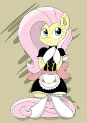 Size: 750x1064 | Tagged: safe, artist:meowmavi, derpibooru import, fluttershy, pony, bipedal, clothes, cute, ear fluff, fluttermaid, gloves, hooves together, maid, shyabetes, solo, stockings
