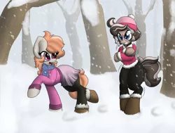 Size: 1280x970 | Tagged: safe, artist:k-kopp, derpibooru import, oc, oc:ink drop, oc:kamba zahra, unofficial characters only, pony, zebra, bipedal, clothes, cold, collar, freezing, outdoors, scarf, shivering, snow, snowfall