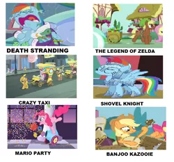 Size: 728x678 | Tagged: applejack, artist:brandonale, banjo, banjo kazooie, bathrobe, clothes, crazy taxi, crying, dashie slippers, death stranding, derpibooru import, edit, edited screencap, flutter brutter, fluttershy, mario party, meme, musical instrument, party cannon, pinkie apple pie, pinkie pie, quarter hearts, rainbow dash, rarity, rarity takes manehattan, robe, safe, screencap, shovel knight, slippers, sweet and elite, tanks for the memories, tank slippers, the crystal empire, the legend of zelda, video game