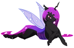 Size: 600x394 | Tagged: artist:basykail, changeling, changeling oc, derpibooru import, female, mare, oc, oc:night, prone, purple changeling, safe, simple background, solo, transparent background, unofficial characters only