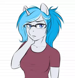 Size: 766x792 | Tagged: safe, artist:askbubblelee, derpibooru import, oc, oc:bubble lee, oc:imago, unofficial characters only, anthro, unicorn, anthro oc, blue eyes, bust, clothes, female, freckles, glasses, portrait, shirt, solo, teenager, younger