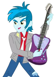 Size: 1600x2263 | Tagged: safe, artist:jucamovi1992, derpibooru import, thunderbass, equestria girls, background human, guitar, solo