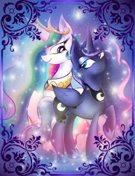 Size: 1024x1325 | Tagged: safe, artist:animechristy, derpibooru import, princess celestia, princess luna, duo, lidded eyes, looking at each other, raised hoof, royal sisters, smiling