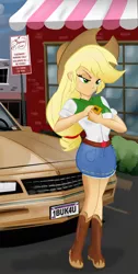 Size: 749x1484 | Tagged: safe, artist:ltrm35a2, derpibooru import, applejack, equestria girls, boots, car, chevrolet, chevrolet monte carlo, clothes, cowboy hat, denim skirt, hat, mobile phone, phone, shop, skirt, solo, stetson