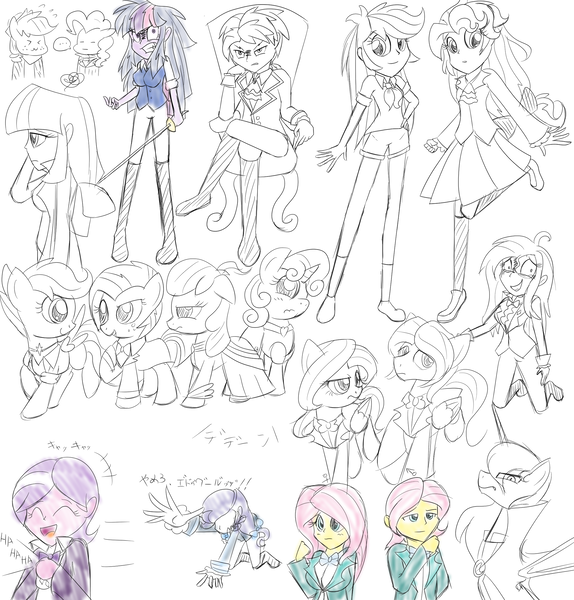 Size: 2200x2300 | Tagged: safe, artist:geraritydevillefort, derpibooru import, apple bloom, applejack, babs seed, diamond tiara, fluttershy, pinkie pie, princess luna, rainbow dash, rarity, scootaloo, sweetie belle, twilight sparkle, equestria girls, ..., albert de morcef, bat wings, butterscotch, chibi, clothes, crossover, crying, dress, mane six, monsparkle, rainbow dantes, rarifort, rule 63, scootabert, scribble, shycedes, sketch, sketch dump, sword, the count of monte cristo, twilight snapple, weapon