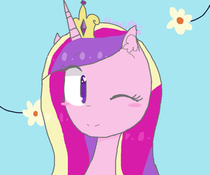 Size: 910x762 | Tagged: artist:chametzkiwi, bust, derpibooru import, one eye closed, portrait, princess cadance, safe, solo, wink