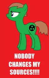 Size: 748x1180 | Tagged: safe, artist:ian sweeney, derpibooru import, oc, oc:ian, unofficial characters only, earth pony, pony, angry, bait, base used, caption, impact font, meta, ms paint, nobody, profile, rage, red background, simple background, solo