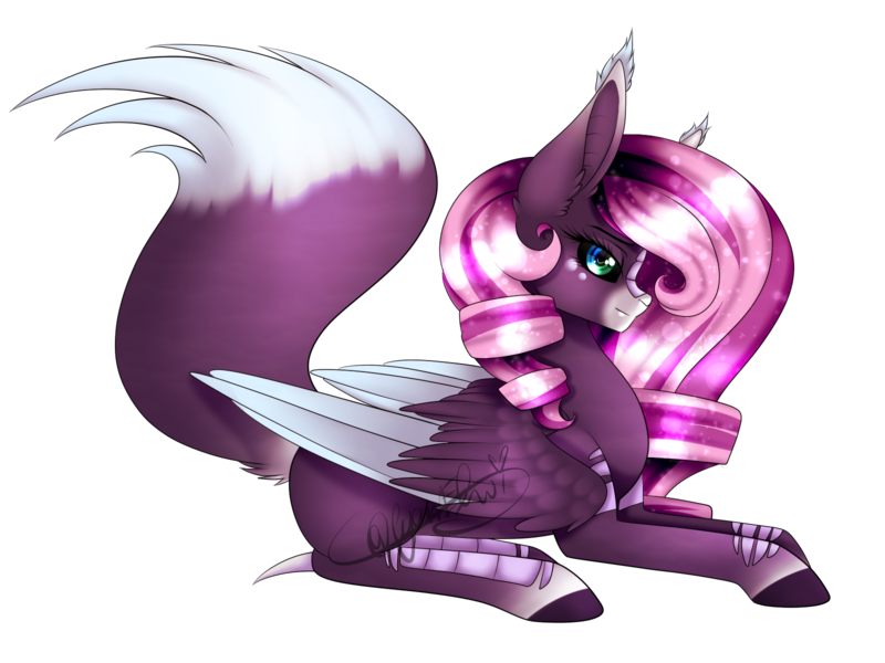 Size: 1600x1200 | Tagged: safe, artist:minelvi, derpibooru import, oc, oc:iris, unofficial characters only, pegasus, pony, augmented tail, female, mare, prone, signature, simple background, solo, transparent background