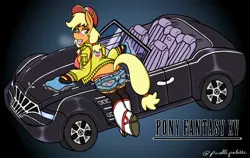 Size: 1900x1200 | Tagged: suggestive, anonymous artist, derpibooru import, applejack, anthro, ass, ass up, bent over, blushing, booty shorts, bra, breasts, breath, car, car wash, cindy aurum, clothes, crossover, female, final fantasy, final fantasy xv, open mouth, panties, panting, sexy, shorts, sideboob, tongue out, underboob, underwear