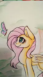 Size: 585x1040 | Tagged: artist:demim0n, butterfly, color correction, derpibooru import, fluttershy, folded wings, looking at something, looking up, profile, safe, solo, standing, stray strand, traditional art, tree