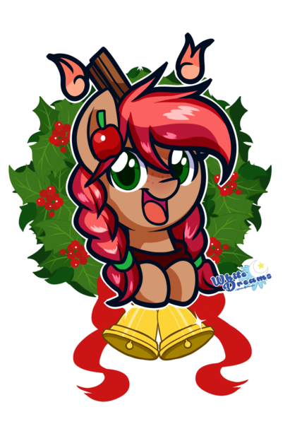 Size: 839x1224 | Tagged: safe, artist:xwhitedreamsx, derpibooru import, oc, oc:apple cinnamon, unofficial characters only, earth pony, pony, apple, bell, bells, christmas wreath, female, food, mare, simple background, solo, transparent background