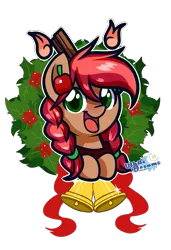 Size: 839x1224 | Tagged: safe, artist:xwhitedreamsx, derpibooru import, oc, oc:apple cinnamon, unofficial characters only, earth pony, pony, apple, bell, bells, christmas wreath, female, food, mare, simple background, solo, transparent background