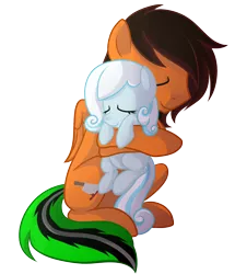 Size: 1421x1653 | Tagged: safe, artist:drawntildawn, derpibooru import, oc, oc:snowdrop, unofficial characters only, pegasus, pony, cute, eyes closed, female, filly, hug, male, ocbetes, simple background, sitting, stallion, transparent background