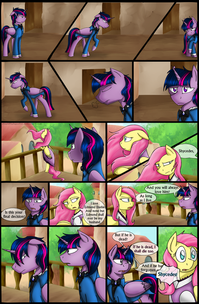 Size: 1280x1947 | Tagged: safe, artist:stuflox, derpibooru import, fluttershy, twilight sparkle, twilight sparkle (alicorn), alicorn, pony, comic:the count of monte rainbow, the count of monte rainbow, balcony, clothes, comic, dress, implied rainbow dash, mondego, monsparkle, pacing, shycedes, snorting, suit, the count of monte cristo