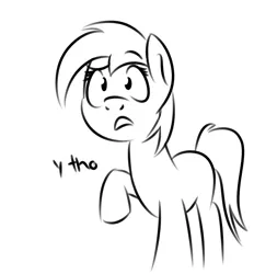 Size: 562x605 | Tagged: safe, artist:glimglam, derpibooru import, oc, oc:generic monochrome meme horse, unofficial characters only, earth pony, pony, frown, monochrome, open mouth, raised eyebrow, raised hoof, simple background, solo, white background, why, wide eyes, y tho