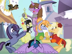 Size: 2048x1536 | Tagged: safe, artist:kindheart525, derpibooru import, oc, oc:in clover, oc:moonstone, oc:silk stocking, oc:upscale, oc:velvet shade, oc:well hooved, unofficial characters only, alicorn, bat, pony, kindverse, alicorn oc, black eye, blood, canterlot, clothes, covering eyes, crying, ear piercing, earring, fight, jewelry, magical lesbian spawn, necklace, next generation, nosebleed, offspring, parent:good king sombra, parent:jet set, parent:king sombra, parent:maud pie, parent:princess celestia, parent:trixie, parent:upper crust, parents:celestibra, parents:mauxie, parents:upperset, piercing, scarf, this will end in tears and/or death