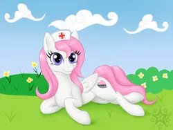 Size: 4000x3000 | Tagged: safe, artist:sweetblasphemy, derpibooru import, oc, oc:cherry snow, unofficial characters only, pegasus, pony, bush, female, flower, lying, mare, nurse outfit, prone, solo