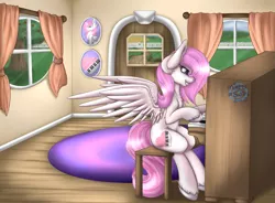 Size: 1567x1152 | Tagged: safe, artist:mintswirl, derpibooru import, oc, oc:cherry snow, unofficial characters only, pegasus, pony, carpet, commission, door, female, mare, piano, sitting, solo, window