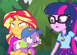 Size: 2611x1884 | Tagged: safe, derpibooru import, edit, edited screencap, screencap, sci-twi, spike, spike the regular dog, sunset shimmer, twilight sparkle, dog, equestria girls, legend of everfree, blushing, frown, glasses, grin, hat, inverted mouth, lidded eyes, male, open mouth, raised eyebrow, shipping, smiling, straight, sunsetspike, wide eyes, worried