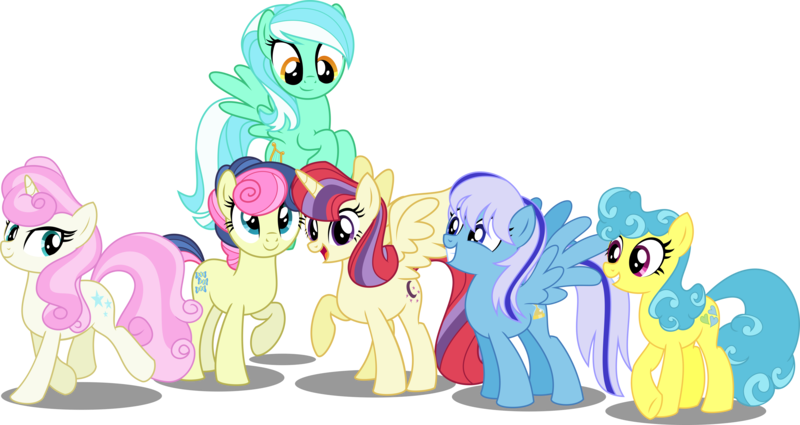 Size: 7000x3722 | Tagged: safe, artist:orin331, derpibooru import, bon bon, lemon hearts, lyra heartstrings, minuette, moondancer, sweetie drops, twinkleshine, alicorn, pony, dancerverse, absurd resolution, alicornified, alternate hairstyle, alternate universe, flying, grin, group, looking at you, looking back, looking down, moondancercorn, open mouth, race swap, raised hoof, raised leg, simple background, smiling, spread wings, transparent background, vector
