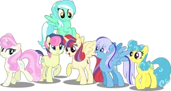 Size: 7000x3722 | Tagged: safe, artist:orin331, derpibooru import, bon bon, lemon hearts, lyra heartstrings, minuette, moondancer, sweetie drops, twinkleshine, alicorn, pony, dancerverse, absurd resolution, alicornified, alternate hairstyle, alternate universe, flying, grin, group, looking at you, looking back, looking down, moondancercorn, open mouth, race swap, raised hoof, raised leg, simple background, smiling, spread wings, transparent background, vector