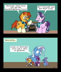 Size: 1748x2053 | Tagged: safe, artist:bobthedalek, derpibooru import, starlight glimmer, sunburst, trixie, pony, unicorn, backwards cutie mark, clothes, comic, crossdressing, cup, cute, dialogue, doll, drink, duster, female, fireplace, glowing horn, green background, hearth, levitation, log, magic, magician outfit, maid, mare, open mouth, playing, scarf, simple background, smiling, telekinesis, toy, trixie's cape, trixie's hat