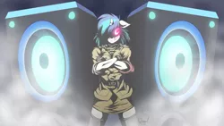 Size: 1921x1080 | Tagged: anime, anthro, artist:quynzel, bass cannon, crossed arms, crossover, derpibooru import, floppy ears, hellsing, hellsing ultimate abridged, looking at you, loud speaker, nowacking, safe, seras victoria, smoke, solo, speakers, vinyl scratch, vinyl the vampire, voice actor joke