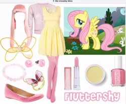 Size: 788x651 | Tagged: angel bunny, clothes, cosplay, costume, crossplay, derpibooru import, dress, flower, fluttershy, grass, ideas, inspired outfits, jewelry, lipstick, makeup, pink, safe, shirt, shoes, socks, stockings, thigh highs, tree, wig
