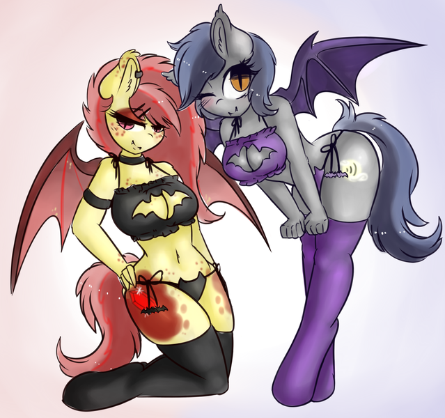 Size: 1280x1201 | Tagged: suggestive, artist:wickedsilly, derpibooru import, oc, oc:echo, oc:ruby splash, unofficial characters only, anthro, bat pony, unguligrade anthro, adorasexy, bedroom eyes, belly button, black underwear, bra, breasts, busty echo, cat lingerie, chest freckles, cleavage, clothes, colored sketch, commission, crop top bra, cute, duo, duo female, eyeshadow, female, freckles, frilly underwear, lingerie, makeup, one eye closed, panties, purple underwear, sexy, side knot underwear, slit eyes, smiling, socks, stockings, thigh highs, underwear, wink