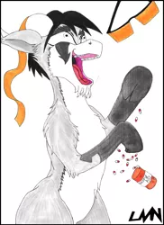 Size: 1700x2338 | Tagged: safe, artist:lvnnkartistries, derpibooru import, oc, oc:gote, unofficial characters only, goat, pony, bipedal, drugs, laughing, laughing mad, open mouth, solo, traditional art