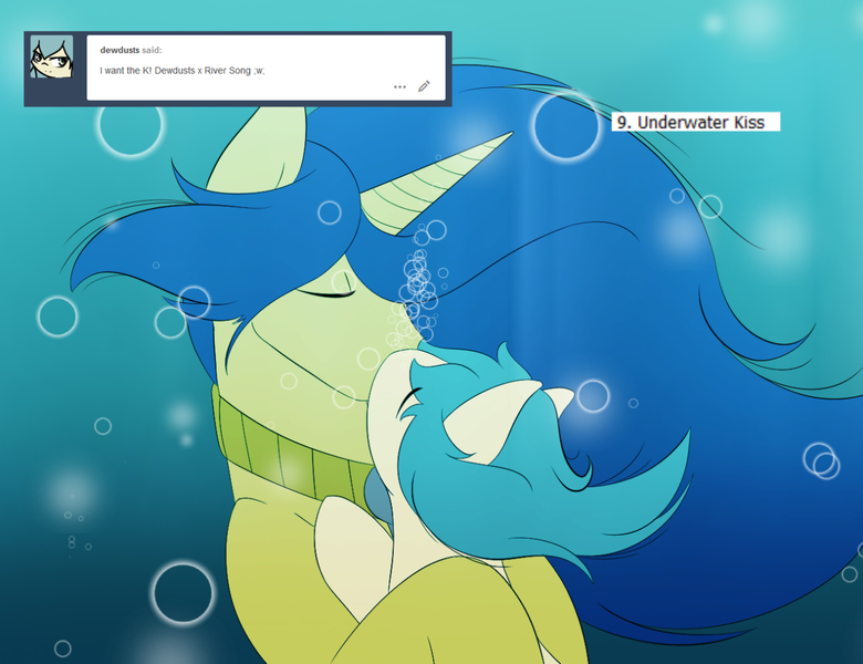 Size: 1280x985 | Tagged: artist:lunis1992, ask the amazon mares, bubble, derpibooru import, eyes closed, kissing, oc, oc:dewdusts, oc:river song, safe, solo, tumblr, underwater, unofficial characters only