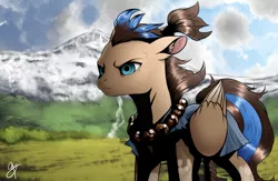 Size: 1280x832 | Tagged: safe, artist:supermare, derpibooru import, oc, oc:playthrough, unofficial characters only, pony, akuma, clothes, cosplay, costume, folded wings, grass, male, mountain, serious, serious face, solo, stallion, street fighter