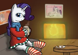 Size: 3542x2500 | Tagged: artist:derpyjoel, chocolate, christmas, clothes, derpibooru import, fireplace, food, hot chocolate, looking at you, rarity, safe, scarf, socks, solo, stockings, striped socks, sweater, sweaterity, warm, winter