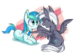 Size: 563x400 | Tagged: safe, artist:aureai, derpibooru import, oc, oc:aureai gray, oc:cyan lightning, unofficial characters only, pegasus, pony, unicorn, :t, boop, clothes, duo, eyes closed, female, male, mare, older, open mouth, prone, raised hoof, rear view, scarf, scrunchy face, simple background, sitting, spread wings, stallion, white background