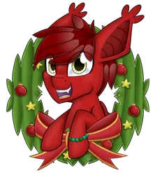 Size: 4000x4500 | Tagged: safe, artist:partylikeanartist, derpibooru import, oc, oc:tune twister, unofficial characters only, bat pony, pony, absurd resolution, bat pony oc, bauble, bow, christmas wreath, commission, fangs, kandi, looking at you, open mouth, simple background, smiling, solo, stars, transparent background, wreath, x-mas, ych result