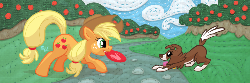 Size: 1200x400 | Tagged: safe, artist:1trick, derpibooru import, applejack, winona, dog, apple tree, collar, frisbee, hat, river, stream, tongue out, tree